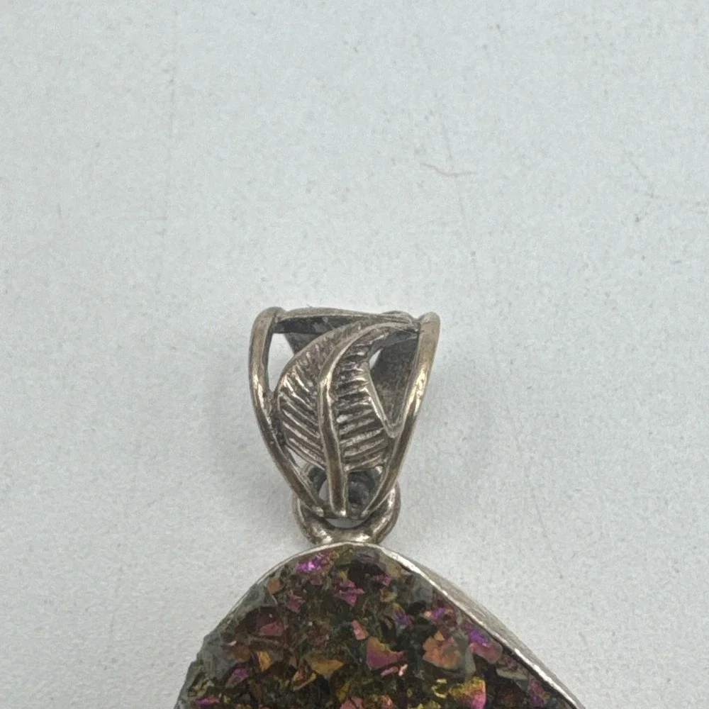 Sterling Silver Oil Slick Druzy Quartz Triangle Statement Necklace Pendant 14.6g